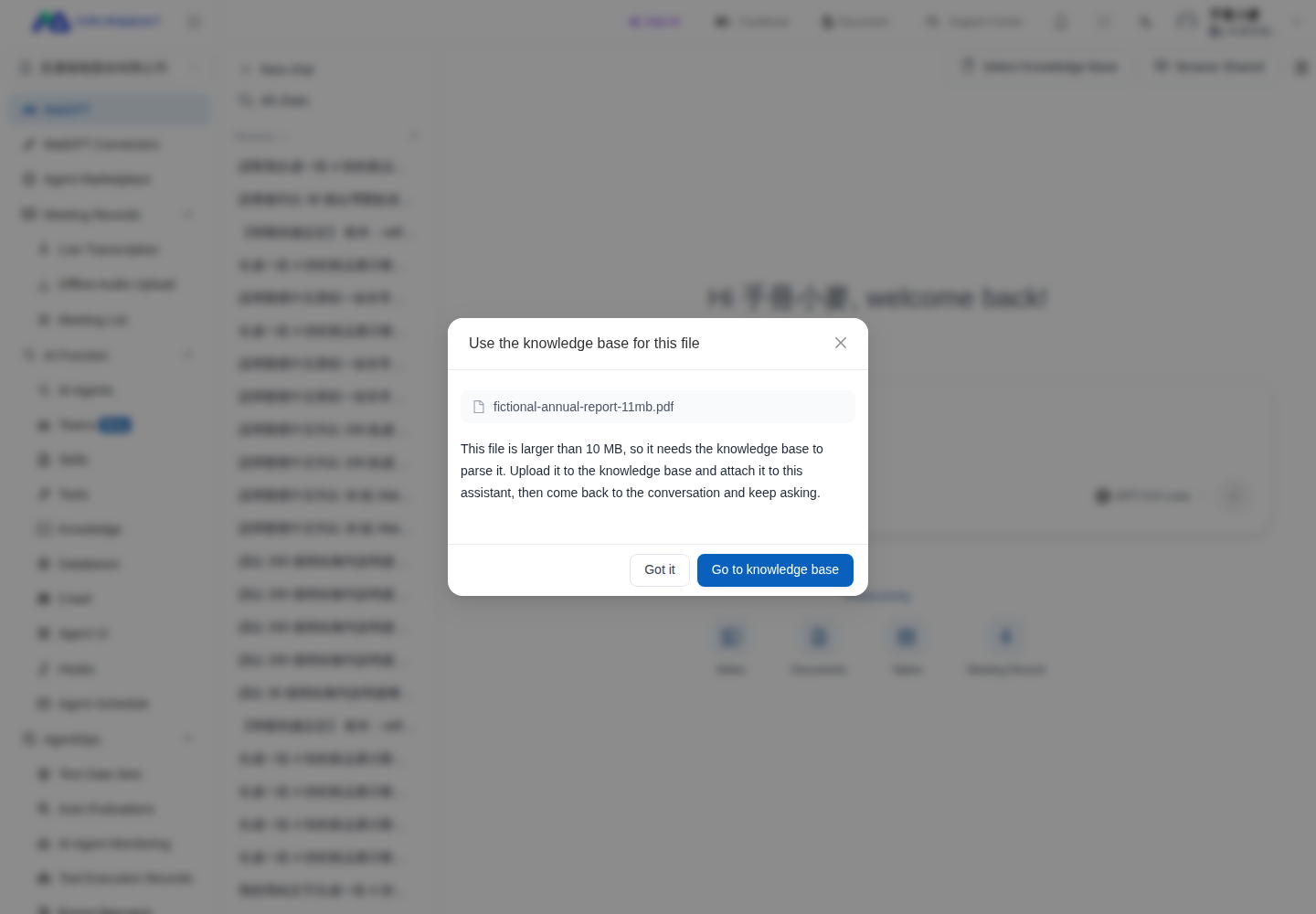 MaiGPT indicates that a file exceeds 10 MB and provides a Go to Knowledge Base button