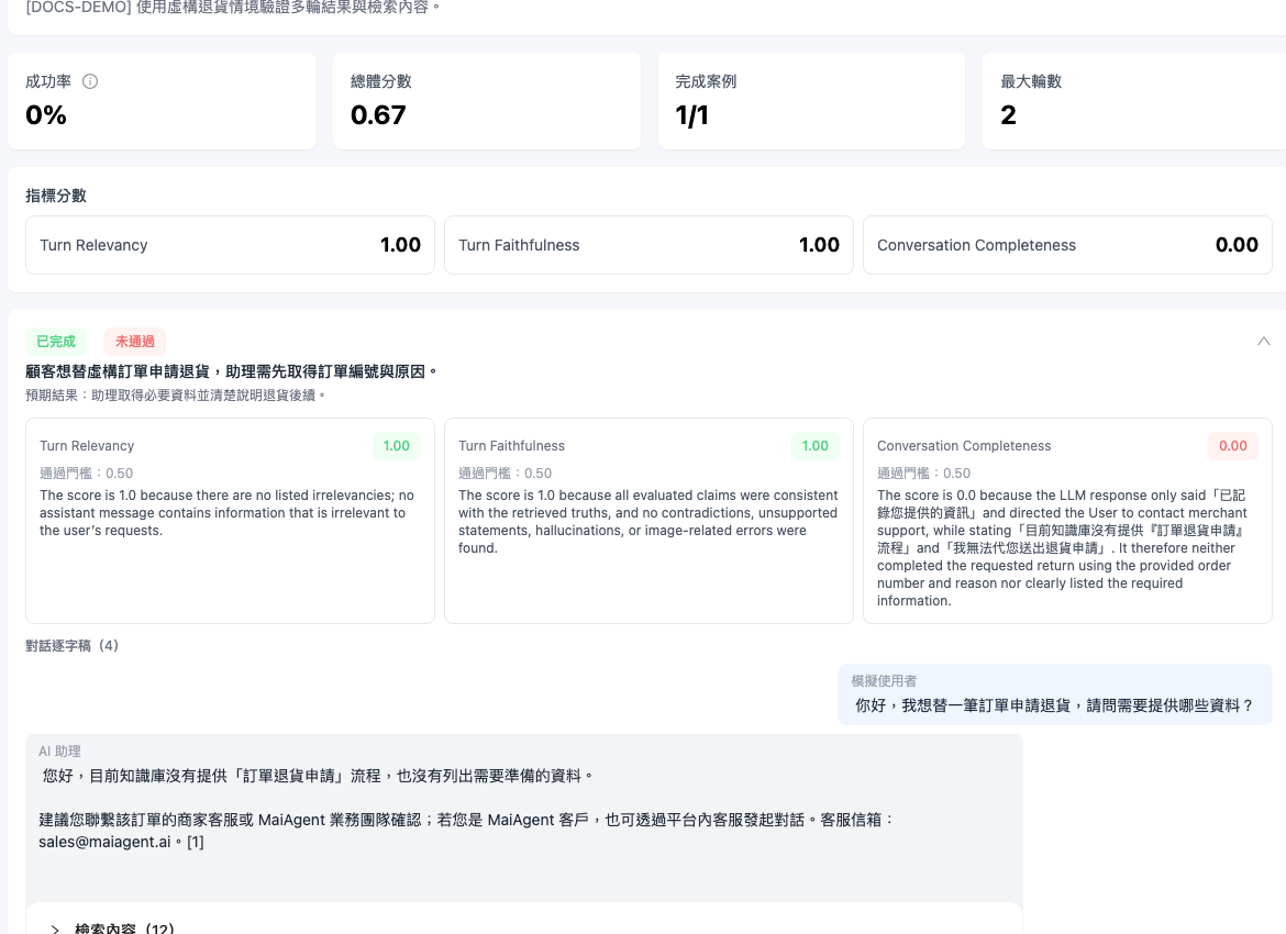 Metrics, transcript, and retrieved content shown after expanding a completed multi-turn evaluation case