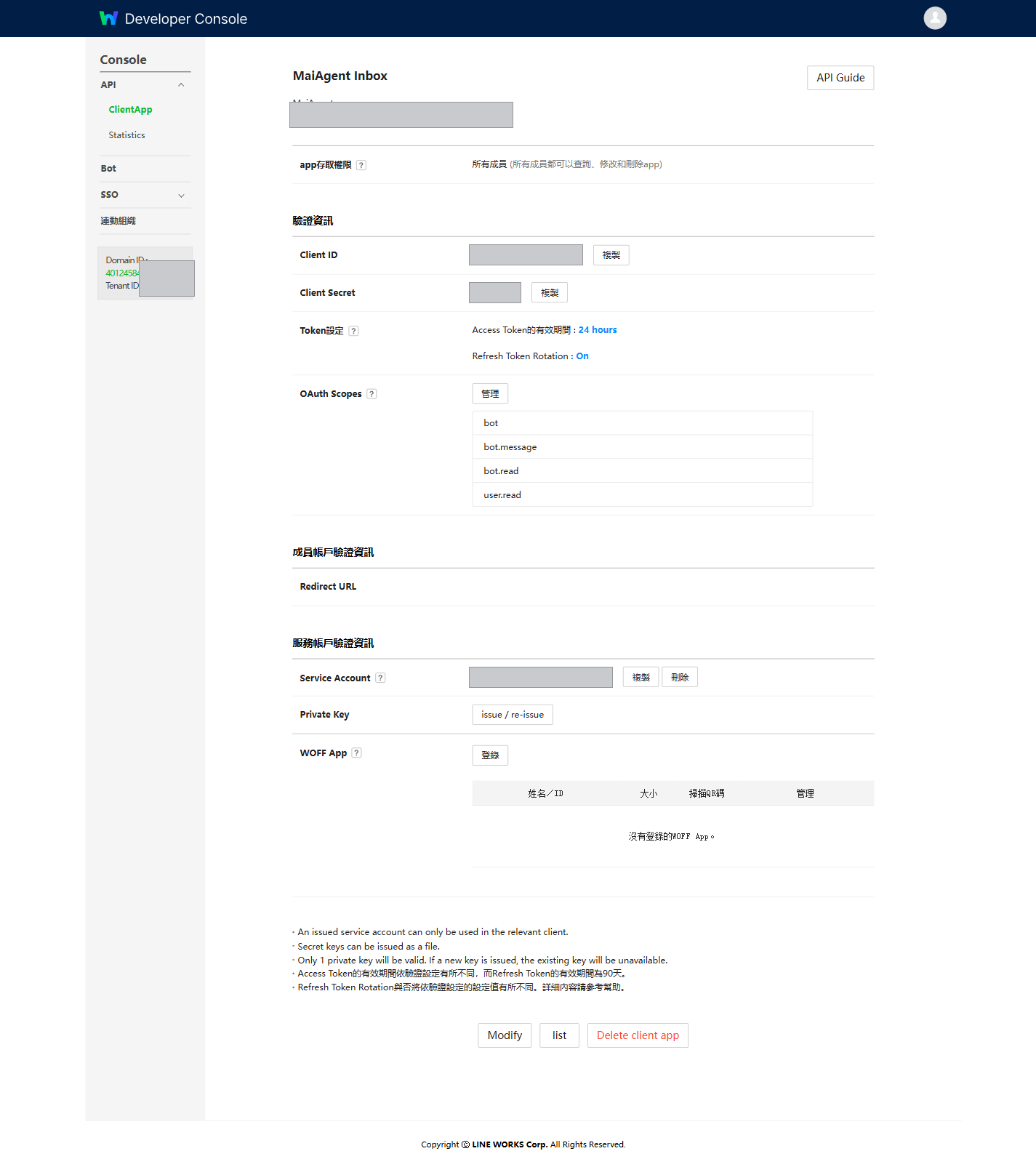 Client App detail page showing Client ID, Client Secret, OAuth Scopes, Service Account, and Private Key