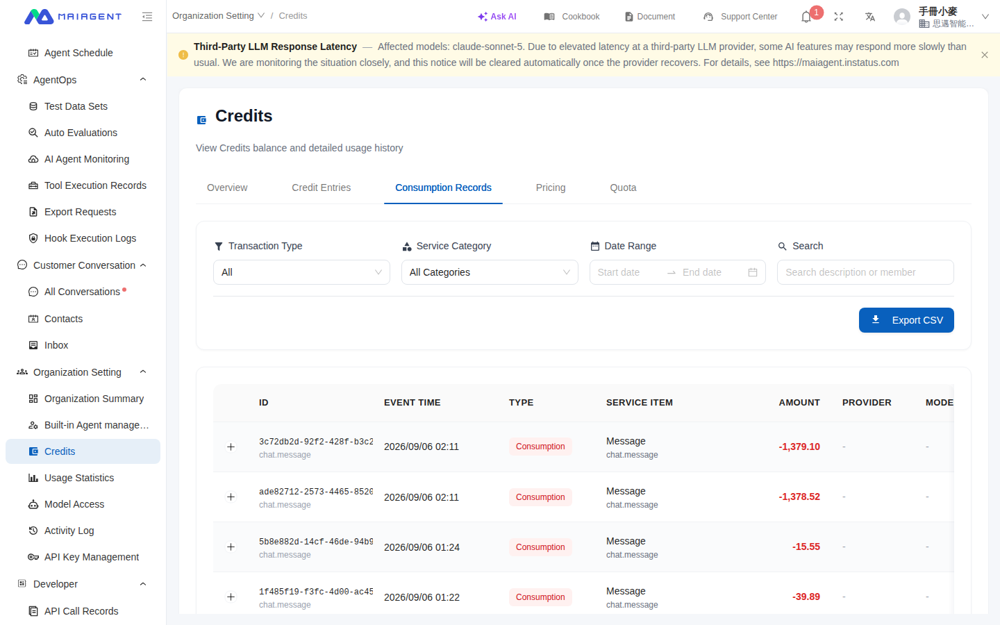 Credits Consumption Records tab