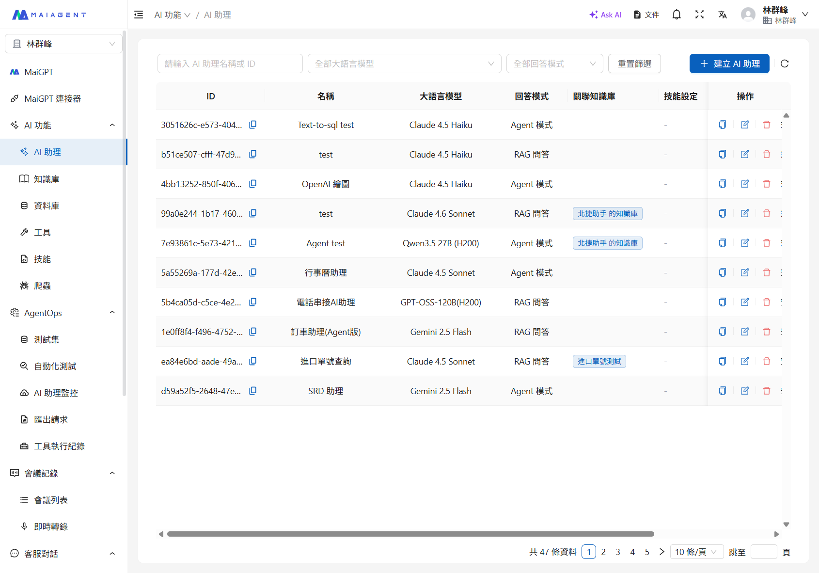 AI Assistant list page