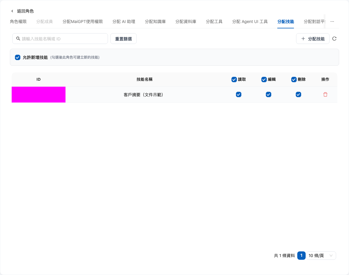 Assign Skills tab in role permission management, where skill creation and skill permissions can be configured