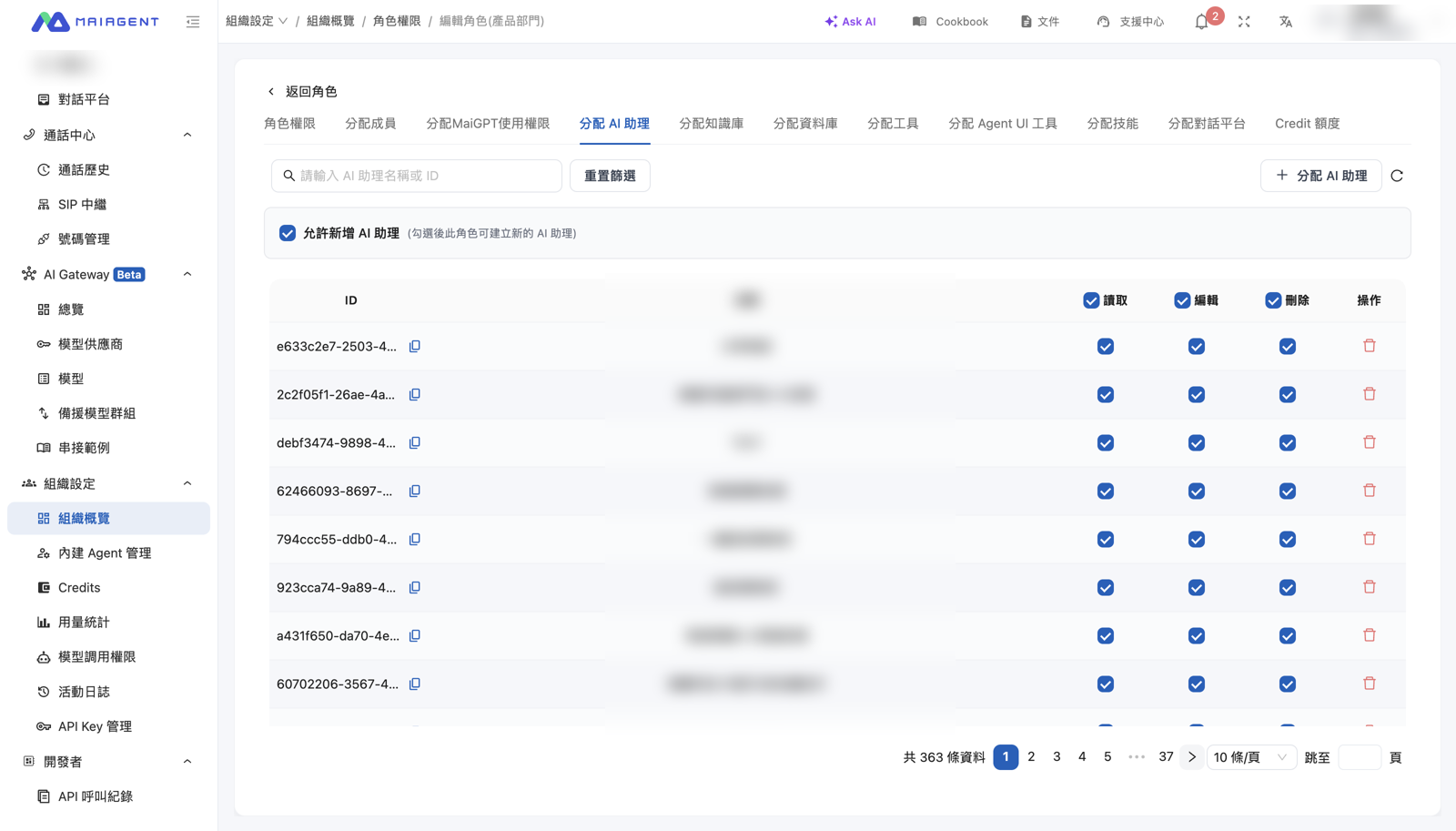 Assign AI Assistants tab for a role