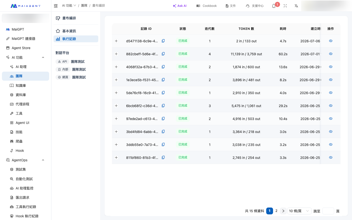Team execution traces list