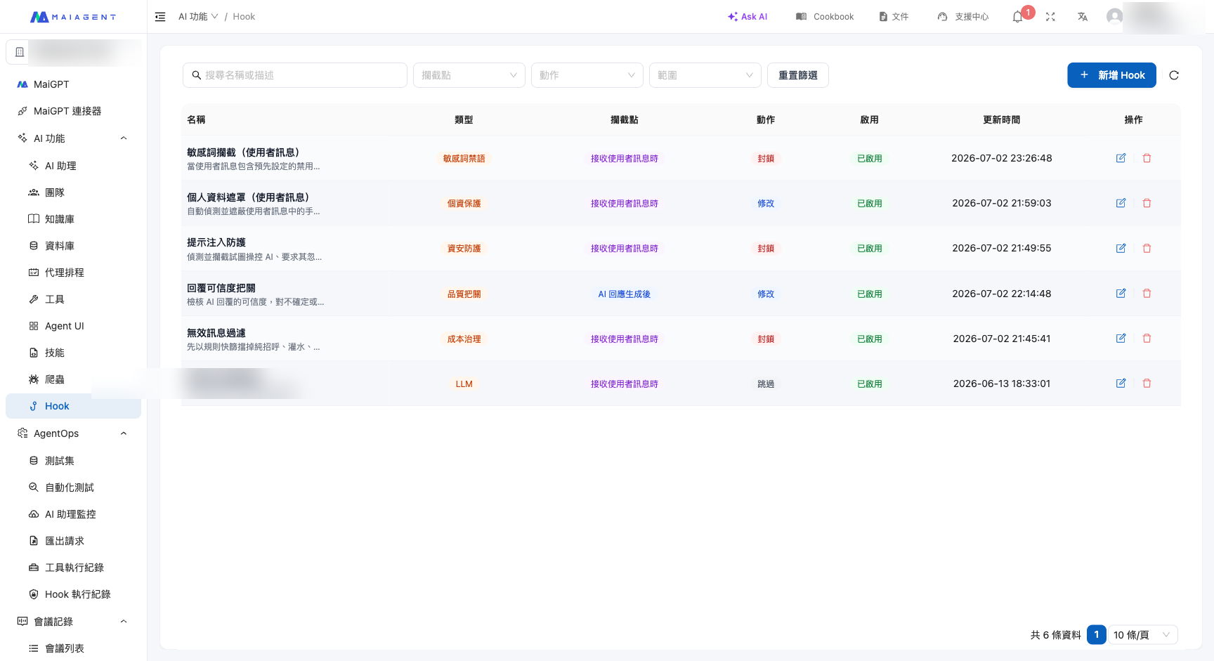 Hook list page