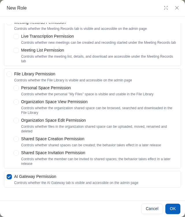 AI Gateway Permission selected in the role permissions dialog