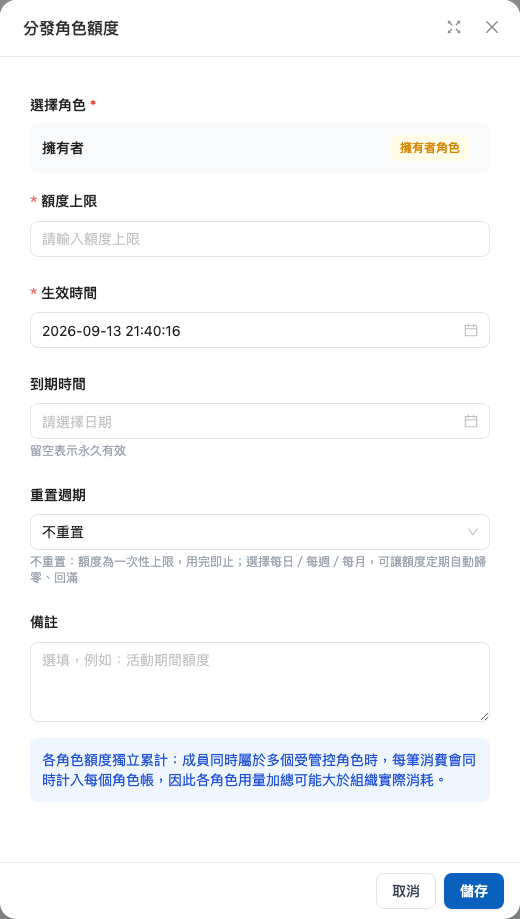 Distribute Role Quota dialog
