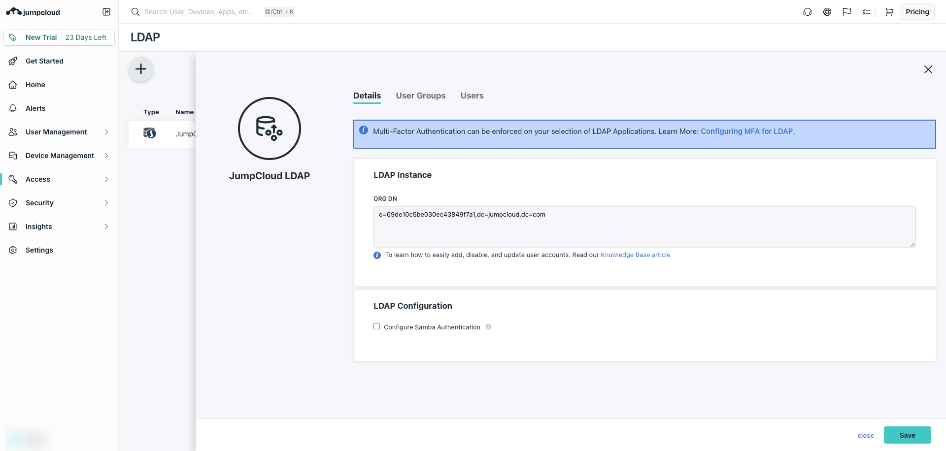 JumpCloud LDAP Directory details page