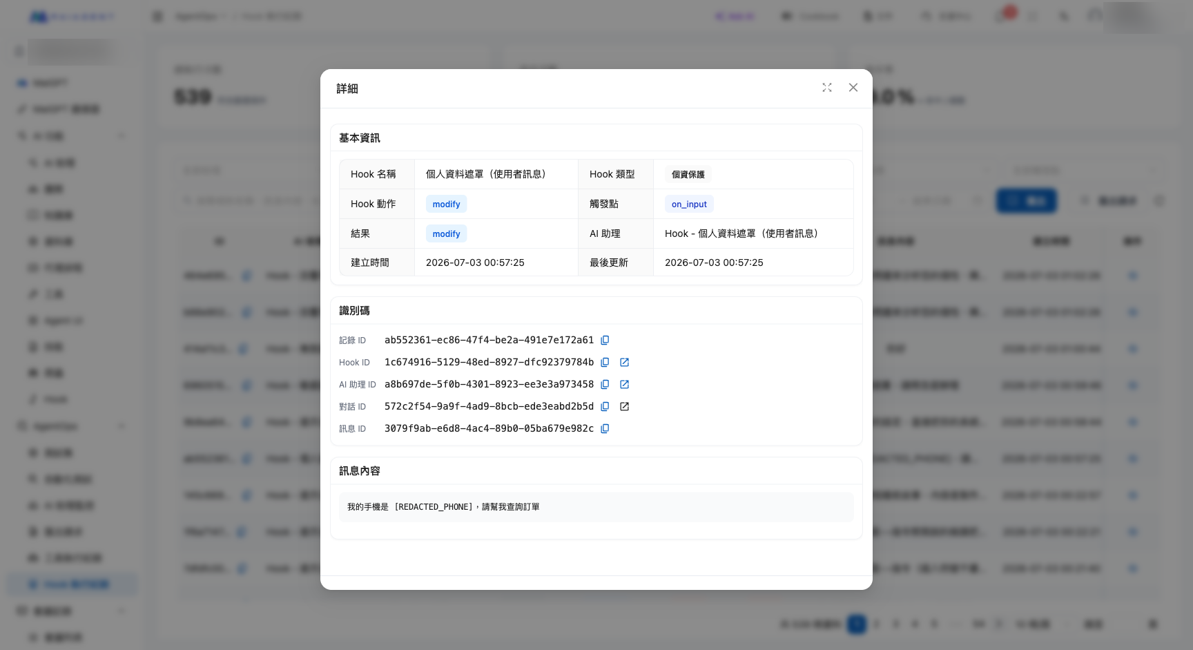 Hook execution log entry details