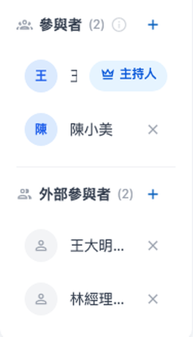 Separate Participants and External Participants sections in the meeting detail sidebar
