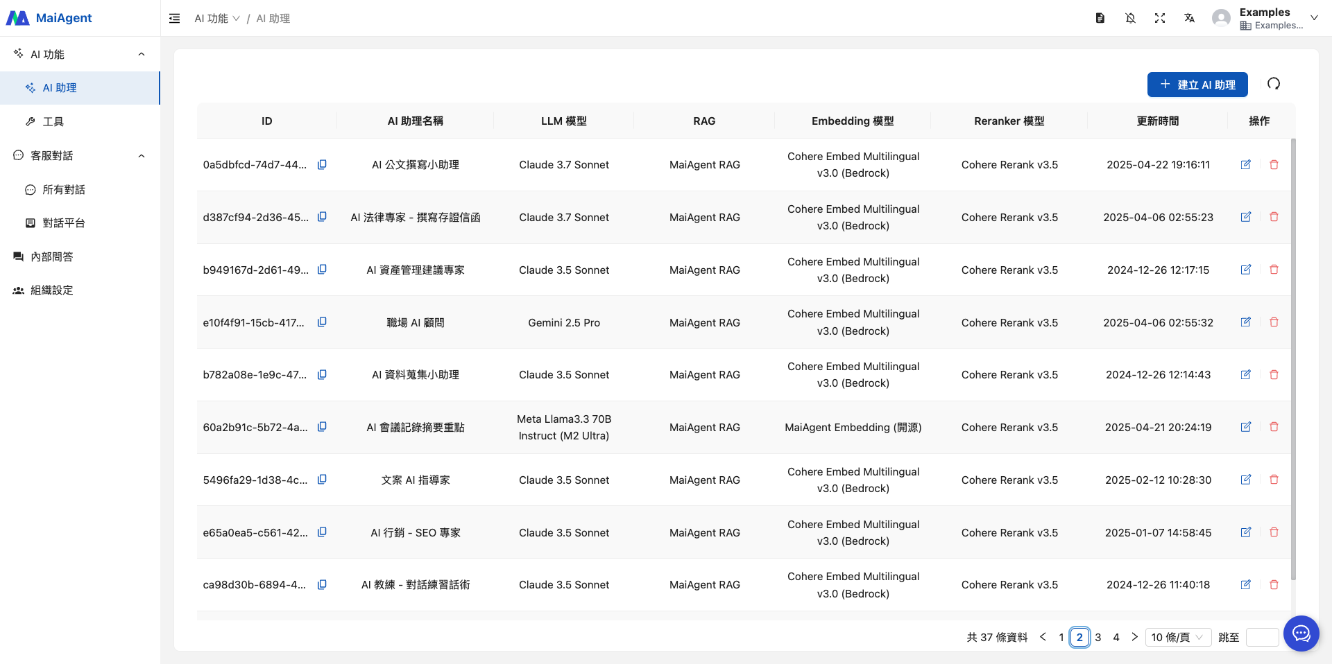 AI Assistant list page
